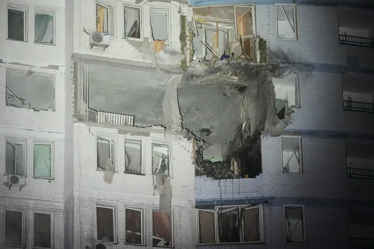 A building is damaged in Ukraine after Russian attack