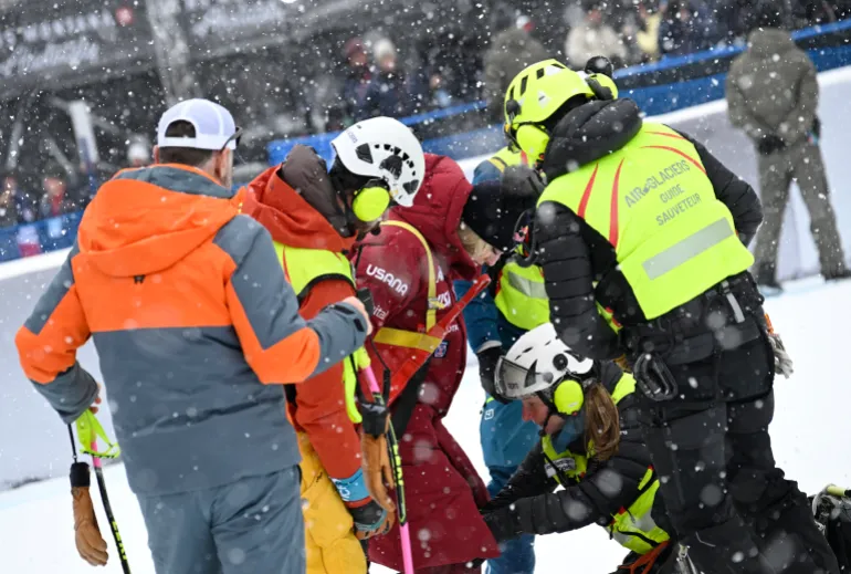 Lindsey Vonn of the U.S. before being airlifted to the hospital 